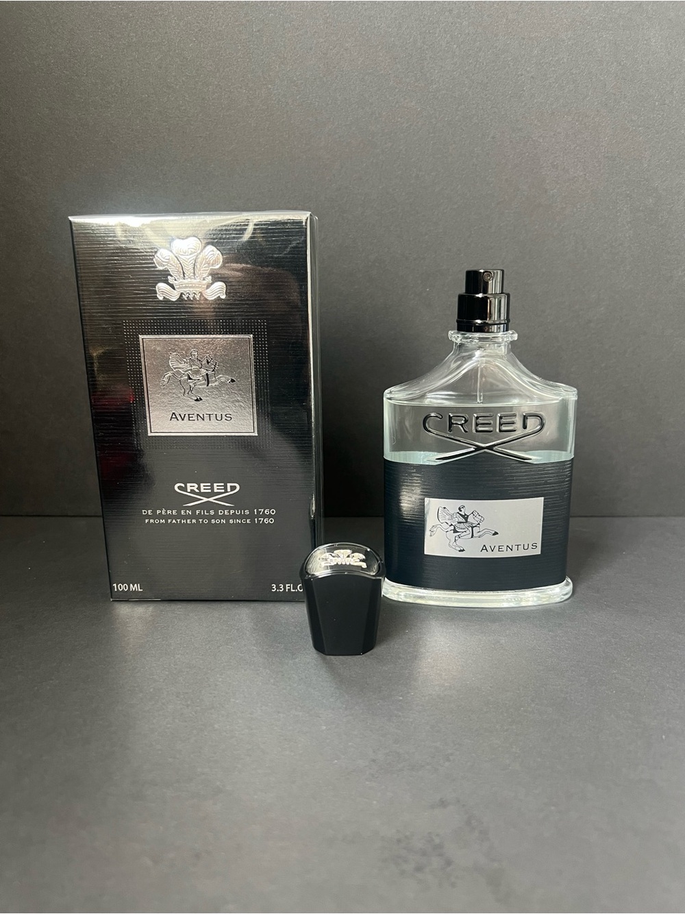 Creed Aventus Bottle and Box — Black and Silver Accents